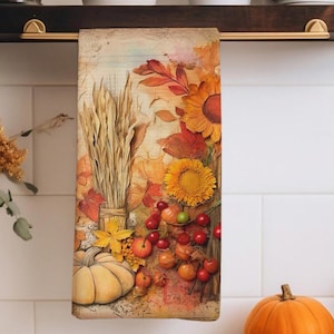 Autumn Harvest Decor Kitchen Towels, Fall Tea Towels, Autumn Leaves Hand , Thanksgiving Kitchen Decor, Thankful Tea Towel