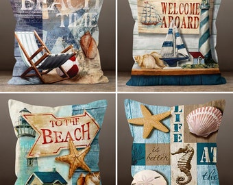 Nautical Pattern Pillowcase, Vintage Nautical Pillow Covers, Sailboat Cushion Cover, Sea Creaturs Throw Pillow Cover, Nautical Home Decor