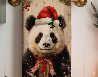 Xmas Santa Hat Bear Kitchen Towels, Merry Christmas Animals Tea Towels, Cute Panda Dish Towel, Winter Holly Bear Decor Hand Towels