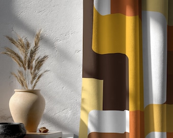 Mid Century Modern Curtains, Retro Curtain Panels, 70s Boho Printed Curtain