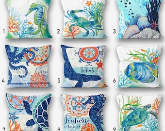 Nautical Pillow Cover, Seahorse Pillow, Sea Turtle Pillow Cover, Coastal Throw Pillow, Marine Pillow Cover, Blau Starfish Print Pillow