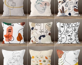Bohem Style Pillows, Abstract Faces Throw, Line Art Face Themed Pillow Covers, Abstract Pillow Cover, Modern Art Pillow Cover, Woman&#39;s Head