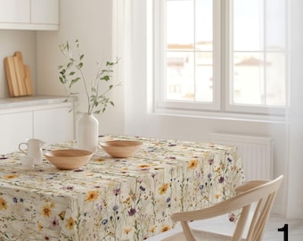 Toalha de mesa retangular floral, toalha de mesa com decoração de flores silvestres, capa de mesa de primavera, toalha de mesa botânica, toalha de mesa floral estilo campestre