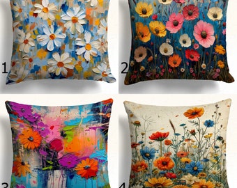 Taies d'oreiller fleurs sauvages, housse de coussin à imprimé floral, taies d'oreiller peinture florale colorée, taies d'oreiller fleurs multicolores
