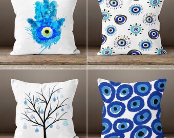 Evil Eye Kissenbezug, Türkisch Griechisch Blau Evil Eye Kissenbezug, Hamsa Hand Dekorativer Kissenbezug, Nazar Amulett Dekokissenbezug