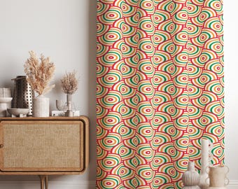 70年代風レトロプリントカーテン、レトロ幾何学模様カーテン、レトロ