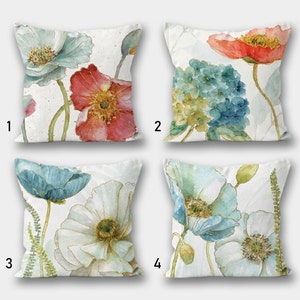 Golden Edge Blue Flower Pillowcase, Floral Pillow Cover, Floral Spring Pillow, Blue Flowers Cushion Cover, Colorful Flowers Print Pillow
