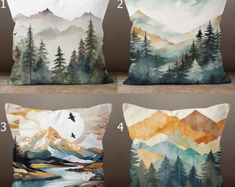 Taie d'oreiller paysage de montagne vibrant, taie d'oreiller abstrait pin, taies d'oreiller aquarelle forêt sereine, housses de coussin douces Mountain View