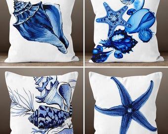 Nautical Pillow Case, Navy Marine Pillow Cover, Decorative Nautical Cushions, Coastal Throw Pillow,Blue Starfish Home Decor,Beach Housedecor