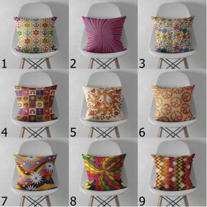Hippie Style Pillow Cover, Peace Sign Cushion Covers, Psychedelic Retro Throw Pillow Covers, Retro Floral Pillow Covers, Mcm Boho Pillowcase