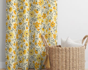 アンティーク マドラスレース 淡黄の草花 ピオニー 芍薬牡丹 カーテンパネル 黄色の花柄カーテン、モダンヴィンテージ花柄カーテンパネル、レトロな
