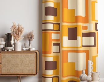 70年代の幾何学模様のカーテンパネル、オレンジのミッドセンチュリー