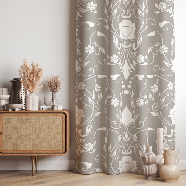 Vintage Floral Grommet Curtains, Gray Decor Panel Curtains, Gray Damask Design Curtain Panels, Eyelet Panel Curtain, Damask Grommet Panels