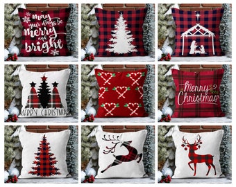 Christmas Plaid Pillow Cover, Christmas Deer Pillow Cover, Christmas Home Decor, Holly Winter Pillow Case, Christmas Gift