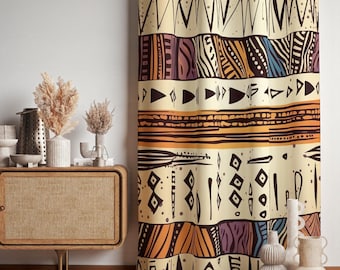 Tribal Boho Print Curtain Panel, Ethnic Geometric Window Drapes
