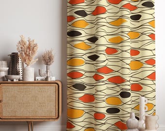 レトロな楕円形のパターンのカーテン、ミッドセンチュリーモダンの