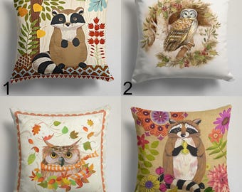 Fall Raccoon Cushion Cover, Raccoon Throw Pillow Cover, Autumn Owl Pillowcases, Fall Leaves Pillow Cover, Fall Decor Owl Pillowcase