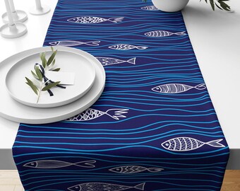Nautical Table Runner, Elegant Table Runners, Beach House Table Runner, Fish Table Decor, Navy Marine Table Centerpiece, Sea Home Decor