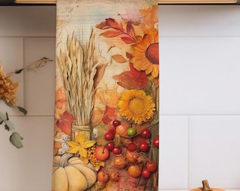 Autumn Harvest Kitchen Towel, Fall Leaves Thanksgiving Decor