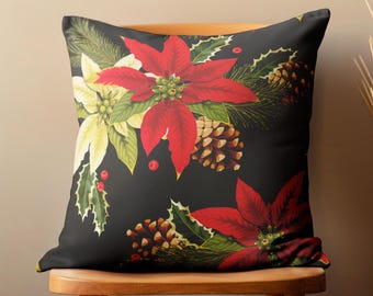 Christmas Red Poinsettia Pillowcase, Xmas Flowers Pillow Covers, Xmas Home Decor, Winter Berry Floral Cushion Covers, Holly Pillow Cover