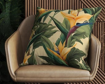 Tropical Flowers Pillow Cover, Bird of Paradise Cushion Cover, Floral Throw Pillowcase, Exotic Floral Pillow Covers, Floral Pillowcase