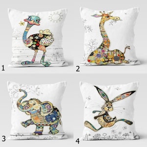 Funda de almohada con diseño de animales bonitos, funda de almohada con diseño de avestruz, elefante, jirafa y conejo, fundas de cojín decorativas con animales, decoración de animales para habitación de niños