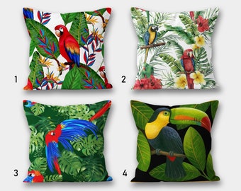 Parrot Throw Pillow Covers, Tropical Jungle Parrot Green Leaf Pillow,  Parrot Design Cushion Case, Parrot Pillow Case, Bird Pillow Cover