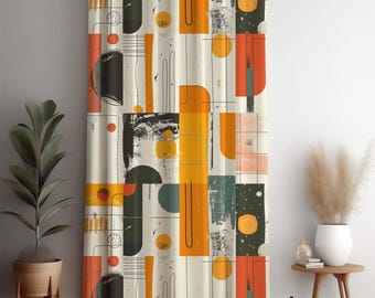 レトロカーテン、ミッドセンチュリーグロメットドレープ、カラフルな70