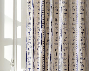 Cottagecore Farmhouse Drapes, Blue Floral Stripe Linen Curtain Panel