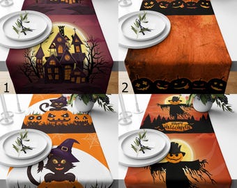 Camino de mesa de casa embrujada, caminos de mesa con caras de calabaza, camino de mesa de gato bruja adorable, decoración para fiestas de Halloween, caminos de mesa de espantapájaros de Feliz Halloween