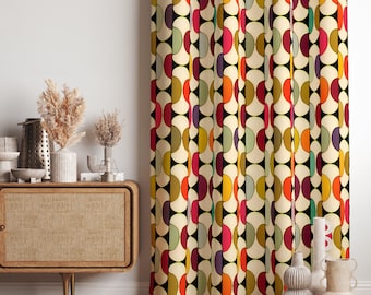 70年代風レトロプリントカーテン、レトロ幾何学模様カーテン、レトロ