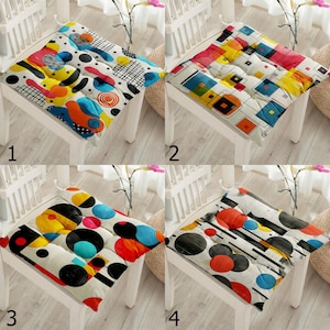 Abstract Patio Chair Cushion, Colorful Mid Century Style Puffy Chair Pads, Geometric Abstract Chair Cushions, Retro Chair Waterproof Cushion