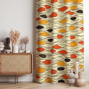 Mid Century Modern Curtain, Retro Abstract Drapes, Orange Yellow Brown Geometric Patterned Curtain , Vintage Style Window Panel