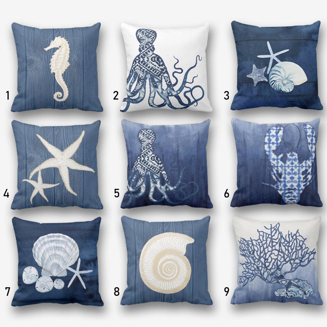 Fodera per cuscino in lino con motivo marino e oceano/Eleganza marina/Vita ispirata all'oceano/Atmosfera costiera/Stile casa sulla