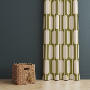 Green Art Deco Curtains, Squares Lines Panel Curtains, Retro Grommet Geometric Curtain Panels, Mid Century Modern Art Deco Panels