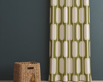 Green Art Deco Curtains, Squares Lines Panel Curtains, Retro Grommet Geometric Curtain Panels, Mid Century Modern Art Deco Panels