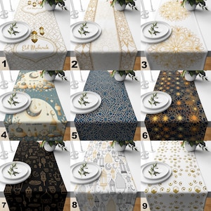 Puede incluir: Nueve diseños diferentes de caminos de mesa con varios patrones islámicos y el texto "Eid Mubarak". Los caminos de mesa son blancos, azules, negros y dorados con intrincados diseños geométricos y lunas crecientes.