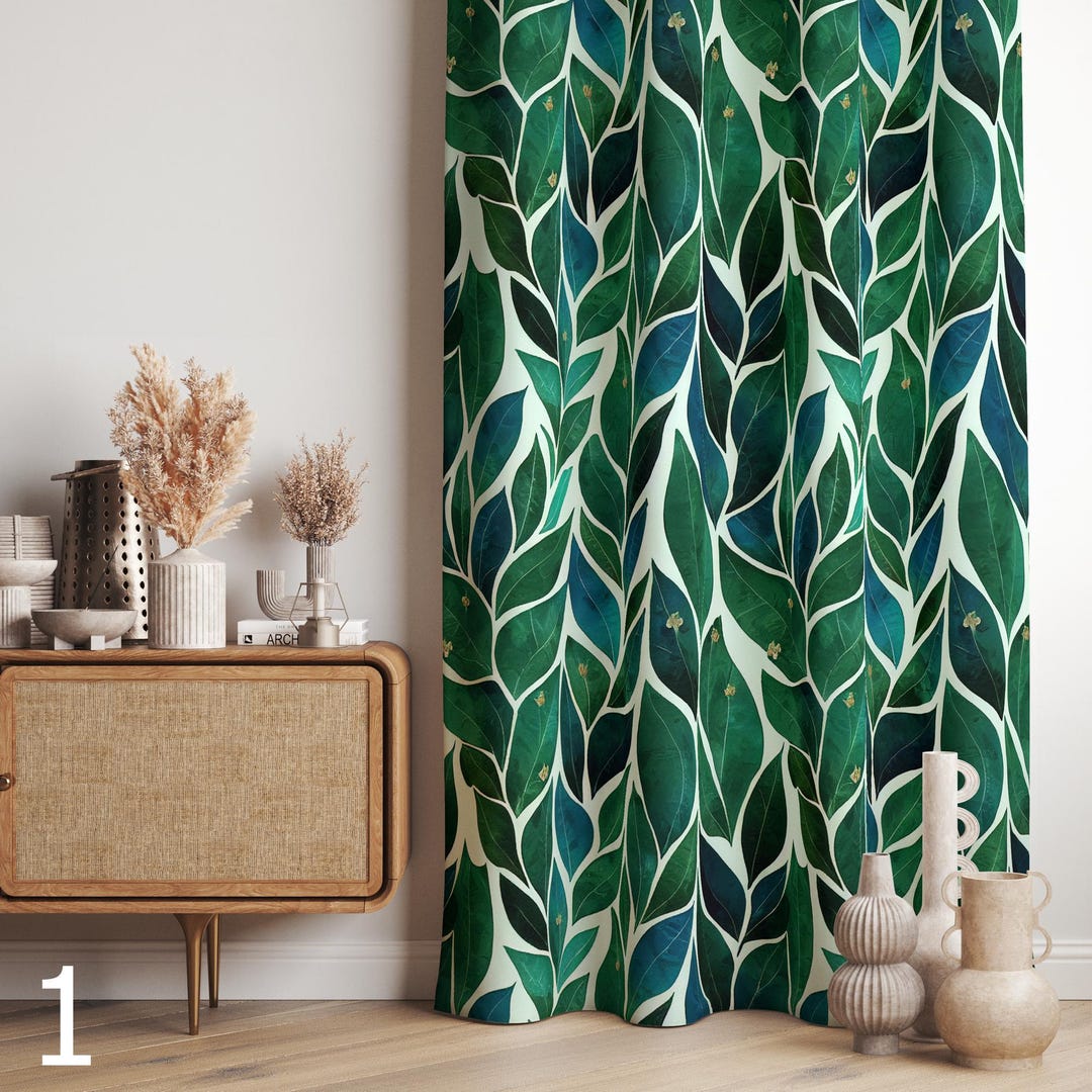 Cortinas tropicales con estampado de hojas tropicales verdes, panel  botánico, cortina de hojas exóticas, cortina tropical para sala de estar 