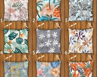 Tropical Leaf Chair Cushion With Ties, Botanical Print Chair Pad