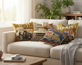 Vintage Car Pillow Car, Filling Station Pillow Cover , Old Automobile  Pillowcase, Gas Station Retro Travel Europe Americana Classic Pillow