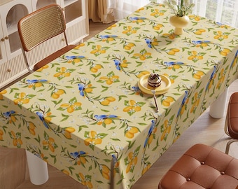 Mediterranean Lemon Print Tablecloth, Farmhouse Yellow Lemon Table Cover