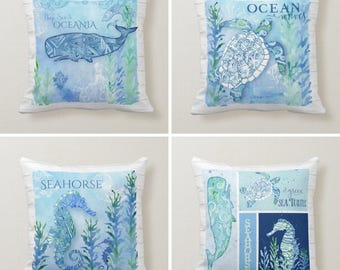 Nautical Ocean Pillow Covers, Coastal Throw Pillow Cover, Sea Horse Themed Pillowcase
