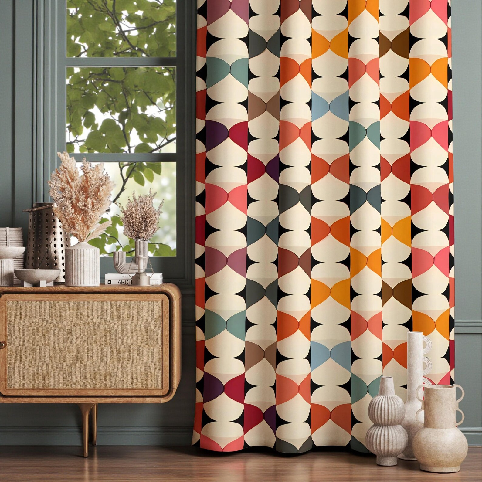 Retro Grommet Curtains, Retro Panel Curtains, Colorful Geometric