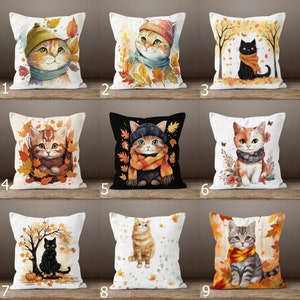 Funda de almohada con animales otoñales, funda de cojín con gatos adorables, funda de cojín con hojas caídas y gatos, funda de almohada con estampado de gatos otoñales, funda de almohada otoñal