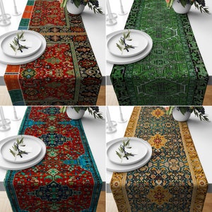 Oriental Rug Table Runner, Persian Style Table Runner, Boho Dining Table Decor Runner, Vintage Carpet Print Runner, Turkish Motif Runner