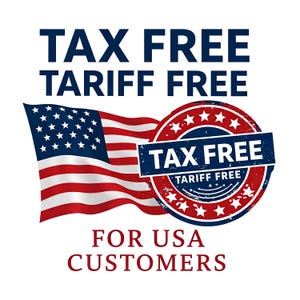 The image is a promotional graphic for a tax-free Tariff Free campaign for USA customers. It features the American flag and a stamp with the text "TAX FREE TARIFF FREE" in bold letters.
