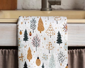 Christmas Pine Tea Towel, Pine Trees Dish Towel, Holly Pine Tea Towel, Xmas Winter Pine Snowflakes Print Tea Towels