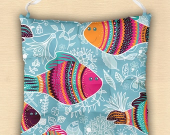 Nautical Chair Pad, Ocean Fish Chair Pad with Ties, Coastal Printed Chair Cushion