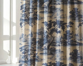 French Toile de Jouy Country Drapes, Vintage Blue Toile Linen Curtain Panel