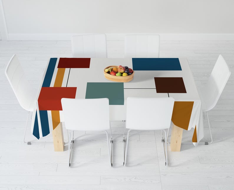 Toalha de mesa moderna de meados do século, toalha de mesa retrô moderna, toalha de mesa retrô colorida com formas geométricas, toalha de mesa estilo anos 70, 80 e 90. imagem 4